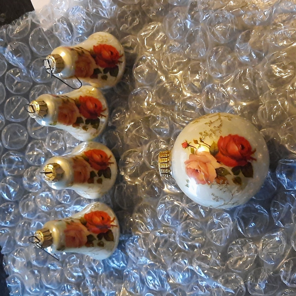 Lot of 4 Vintage glass bell ornaments and 1 round glass ornament with flowers